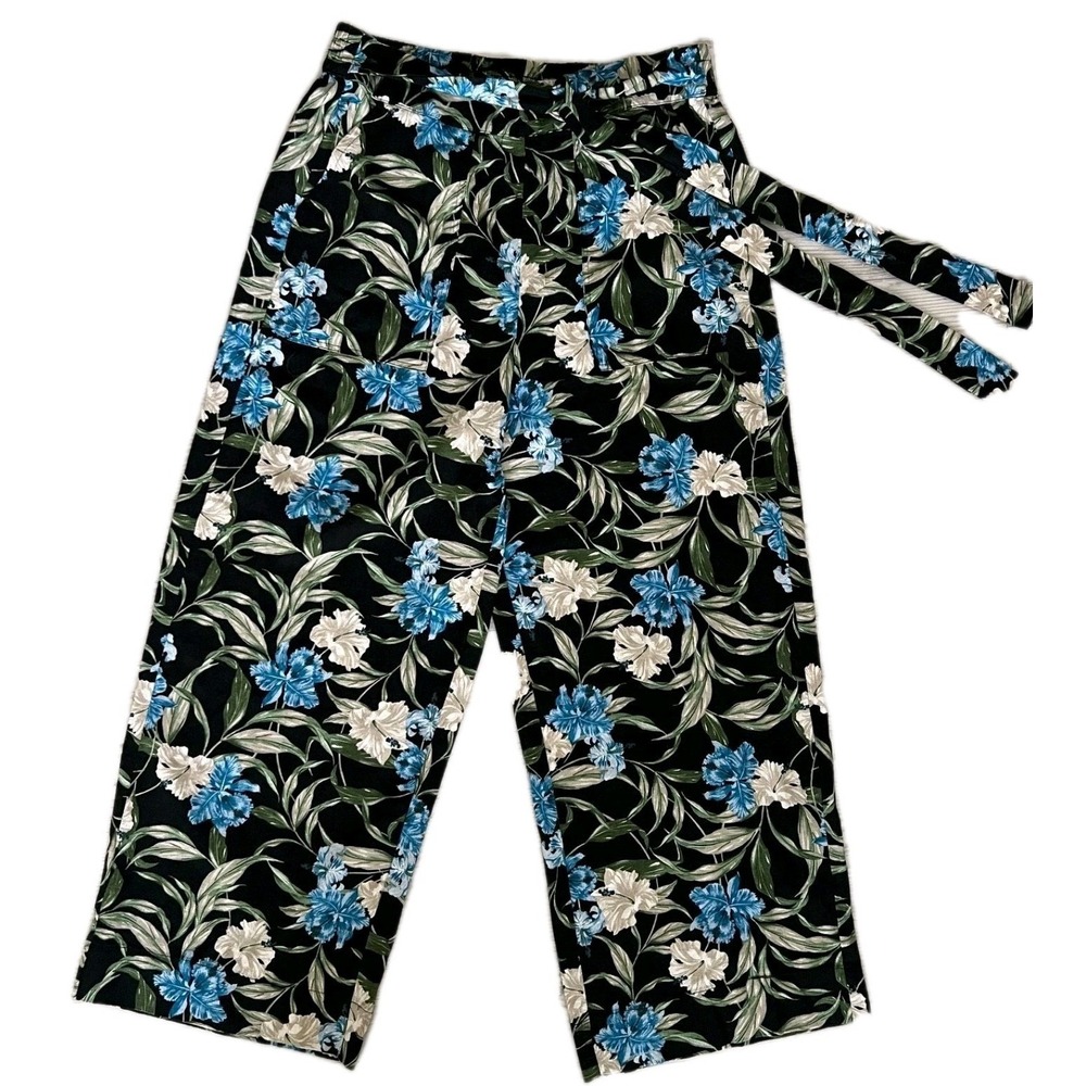 Kensie Floral Linen Blend Tie Front Crop Pants Women M Blue Blk Floral Tropical - Picture 1 of 10